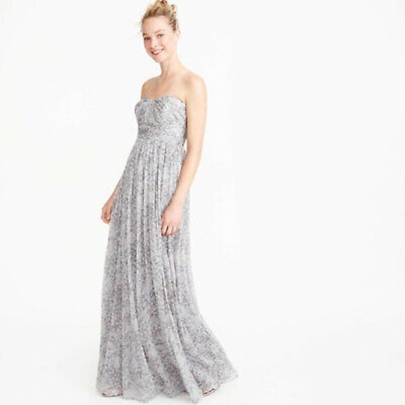 J Crew Arabelle Silk Chiffon Maxi Dress Sweetheart Grey Gray Pink Floral Size 6 - Picture 1 of 11